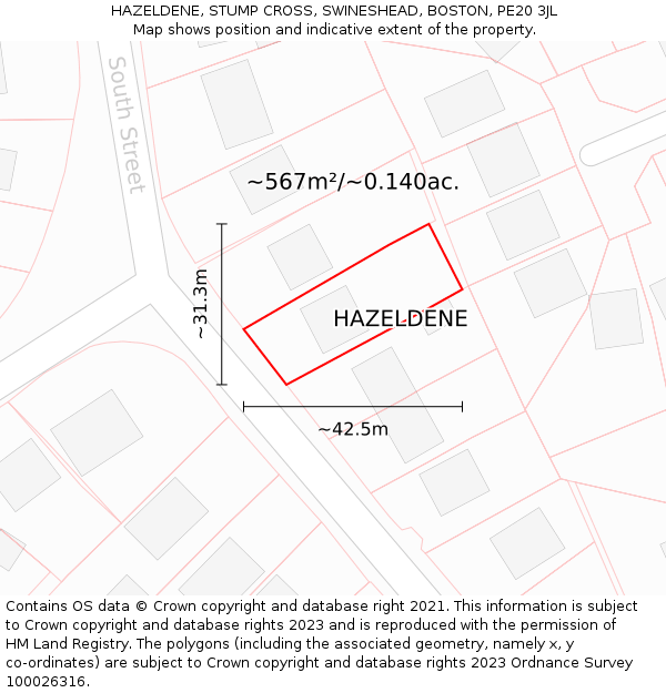 HAZELDENE, STUMP CROSS, SWINESHEAD, BOSTON, PE20 3JL: Plot and title map