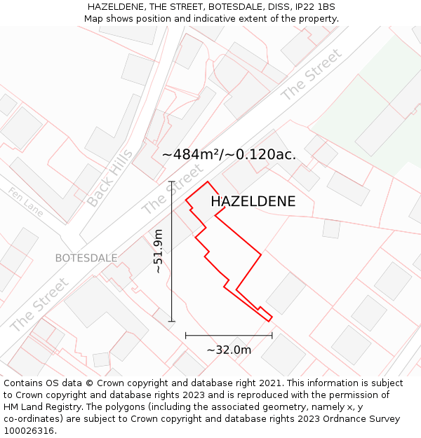 HAZELDENE, THE STREET, BOTESDALE, DISS, IP22 1BS: Plot and title map
