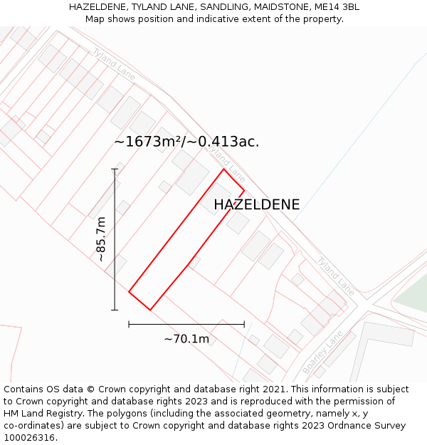 HAZELDENE, TYLAND LANE, SANDLING, MAIDSTONE, ME14 3BL: Plot and title map