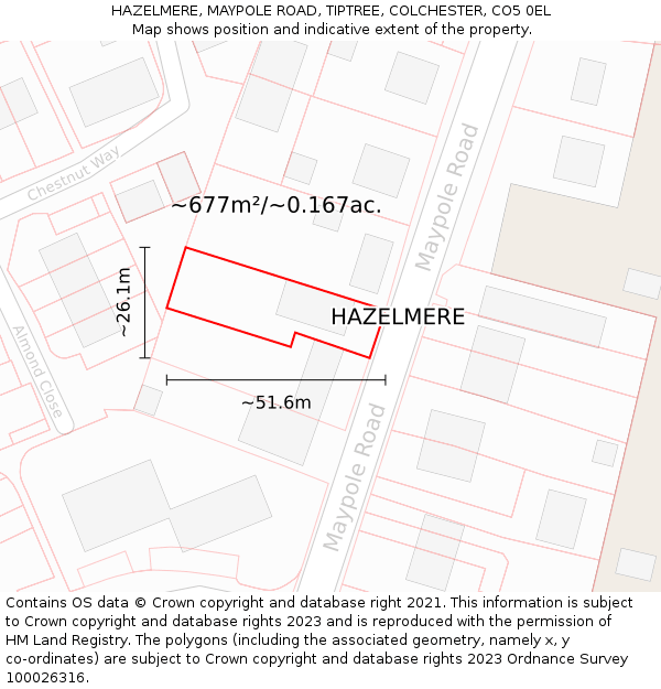 HAZELMERE, MAYPOLE ROAD, TIPTREE, COLCHESTER, CO5 0EL: Plot and title map