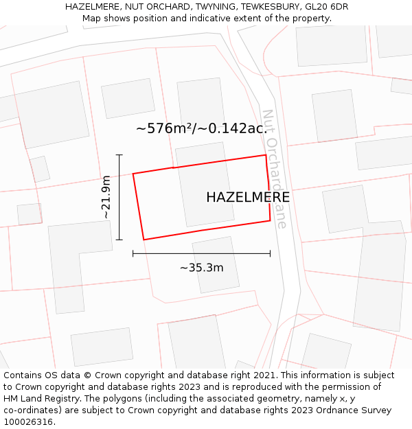 HAZELMERE, NUT ORCHARD, TWYNING, TEWKESBURY, GL20 6DR: Plot and title map