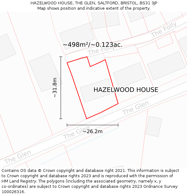 HAZELWOOD HOUSE, THE GLEN, SALTFORD, BRISTOL, BS31 3JP: Plot and title map