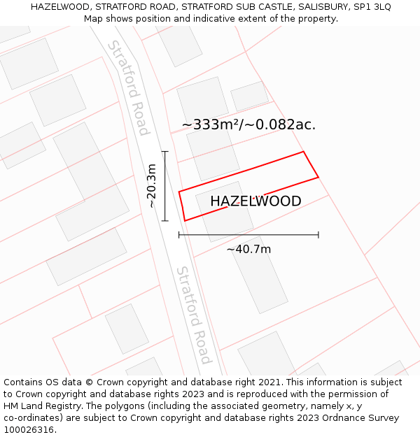 HAZELWOOD, STRATFORD ROAD, STRATFORD SUB CASTLE, SALISBURY, SP1 3LQ: Plot and title map