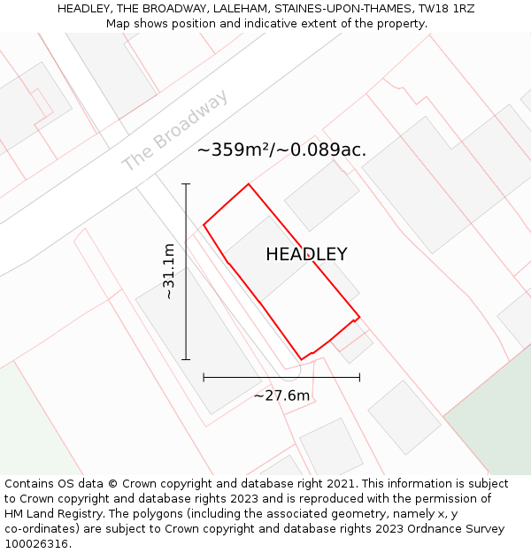 HEADLEY, THE BROADWAY, LALEHAM, STAINES-UPON-THAMES, TW18 1RZ: Plot and title map