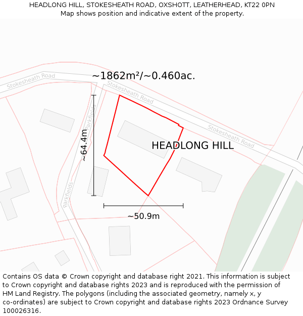 HEADLONG HILL, STOKESHEATH ROAD, OXSHOTT, LEATHERHEAD, KT22 0PN: Plot and title map