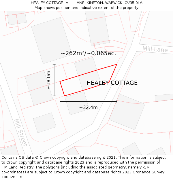 HEALEY COTTAGE, MILL LANE, KINETON, WARWICK, CV35 0LA: Plot and title map