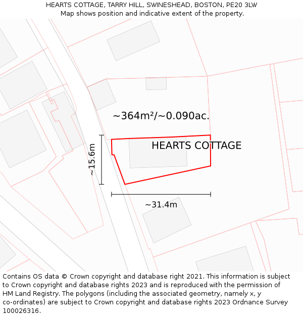 HEARTS COTTAGE, TARRY HILL, SWINESHEAD, BOSTON, PE20 3LW: Plot and title map