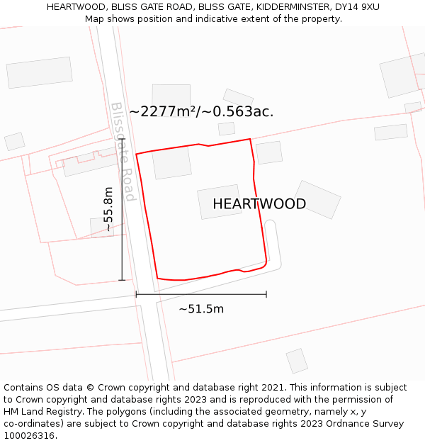 HEARTWOOD, BLISS GATE ROAD, BLISS GATE, KIDDERMINSTER, DY14 9XU: Plot and title map