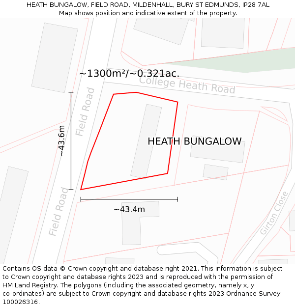 HEATH BUNGALOW, FIELD ROAD, MILDENHALL, BURY ST EDMUNDS, IP28 7AL: Plot and title map