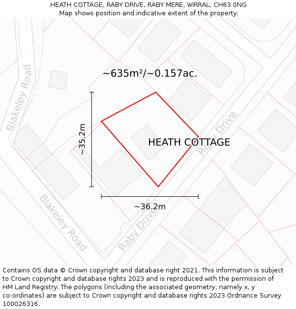 HEATH COTTAGE, RABY DRIVE, RABY MERE, WIRRAL, CH63 0NG: Plot and title map