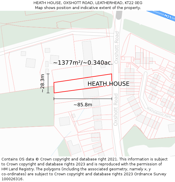 HEATH HOUSE, OXSHOTT ROAD, LEATHERHEAD, KT22 0EG: Plot and title map
