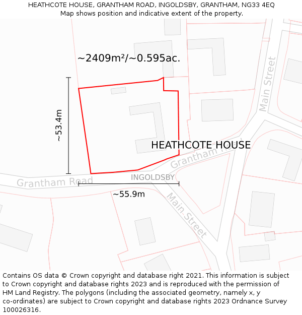 HEATHCOTE HOUSE, GRANTHAM ROAD, INGOLDSBY, GRANTHAM, NG33 4EQ: Plot and title map
