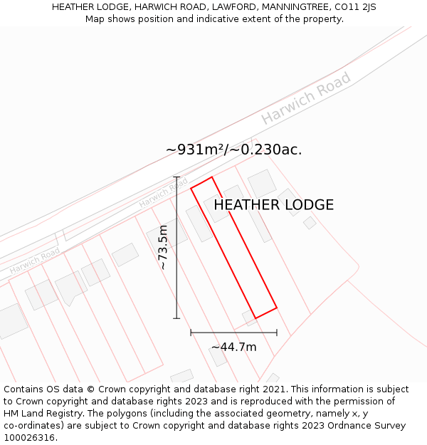 HEATHER LODGE, HARWICH ROAD, LAWFORD, MANNINGTREE, CO11 2JS: Plot and title map