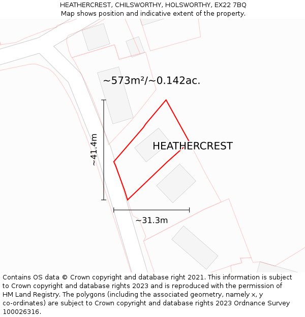 HEATHERCREST, CHILSWORTHY, HOLSWORTHY, EX22 7BQ: Plot and title map