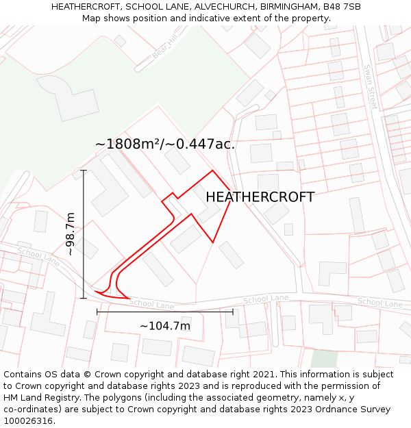 HEATHERCROFT, SCHOOL LANE, ALVECHURCH, BIRMINGHAM, B48 7SB: Plot and title map
