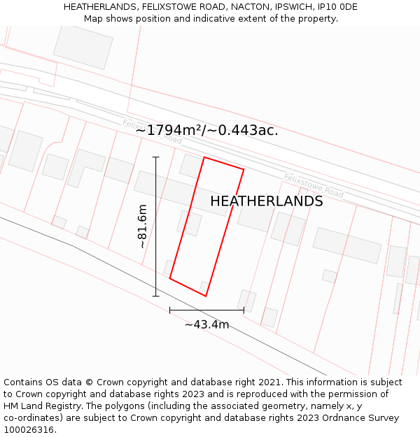 HEATHERLANDS, FELIXSTOWE ROAD, NACTON, IPSWICH, IP10 0DE: Plot and title map