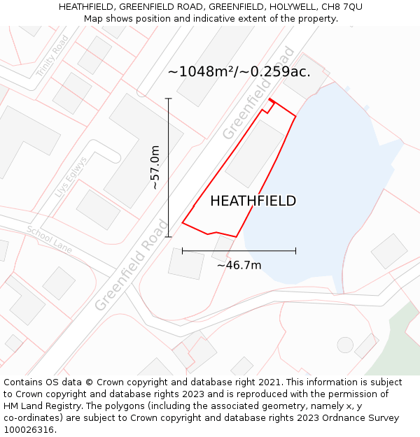 HEATHFIELD, GREENFIELD ROAD, GREENFIELD, HOLYWELL, CH8 7QU: Plot and title map