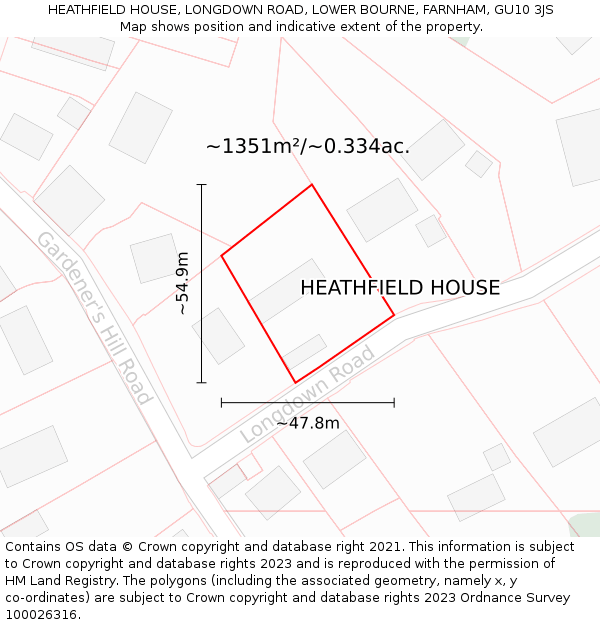 HEATHFIELD HOUSE, LONGDOWN ROAD, LOWER BOURNE, FARNHAM, GU10 3JS: Plot and title map