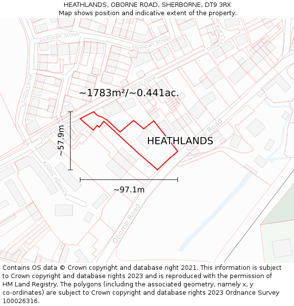 HEATHLANDS, OBORNE ROAD, SHERBORNE, DT9 3RX: Plot and title map