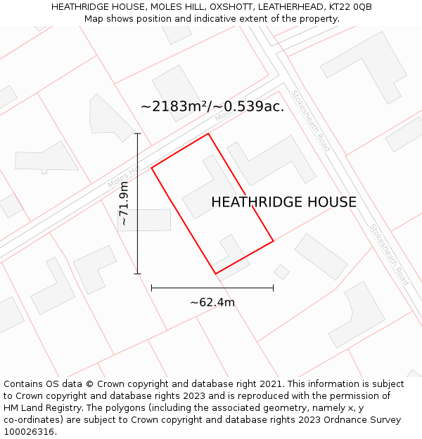 HEATHRIDGE HOUSE, MOLES HILL, OXSHOTT, LEATHERHEAD, KT22 0QB: Plot and title map