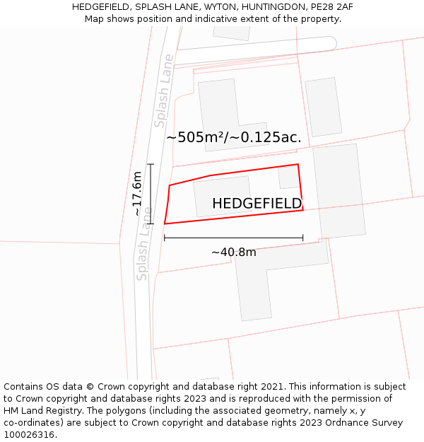 HEDGEFIELD, SPLASH LANE, WYTON, HUNTINGDON, PE28 2AF: Plot and title map