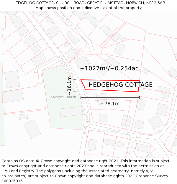 HEDGEHOG COTTAGE, CHURCH ROAD, GREAT PLUMSTEAD, NORWICH, NR13 5AB: Plot and title map