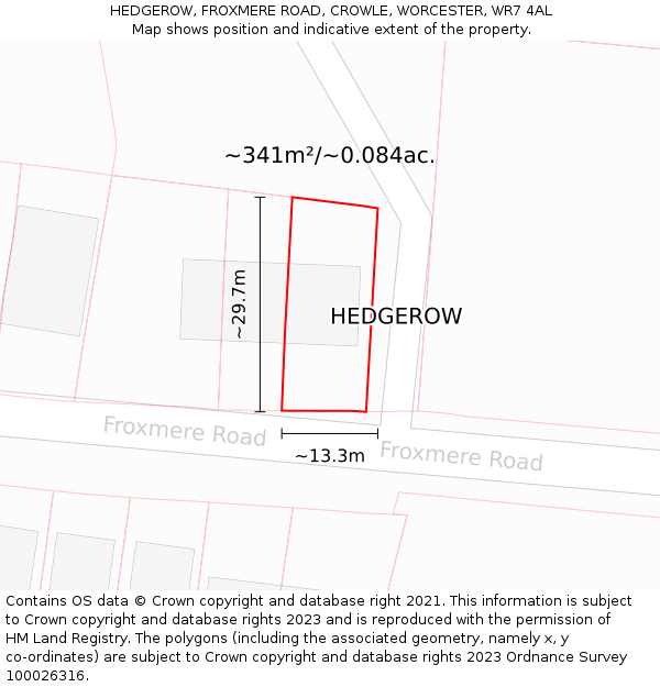 HEDGEROW, FROXMERE ROAD, CROWLE, WORCESTER, WR7 4AL: Plot and title map