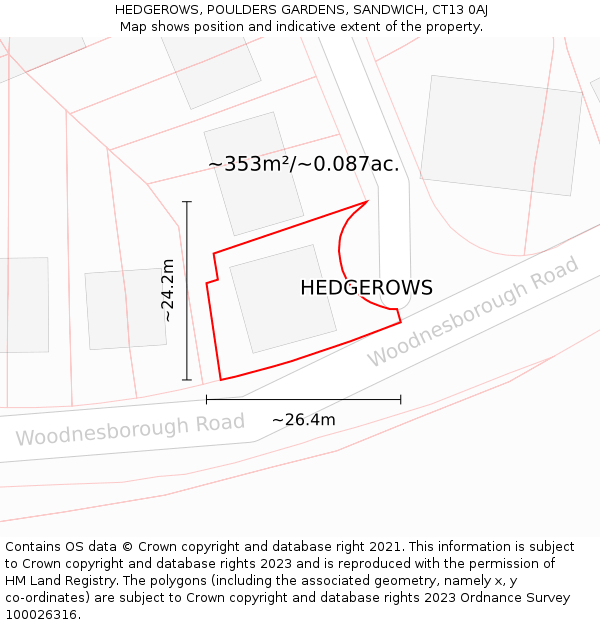 HEDGEROWS, POULDERS GARDENS, SANDWICH, CT13 0AJ: Plot and title map