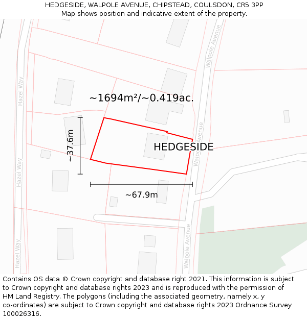 HEDGESIDE, WALPOLE AVENUE, CHIPSTEAD, COULSDON, CR5 3PP: Plot and title map