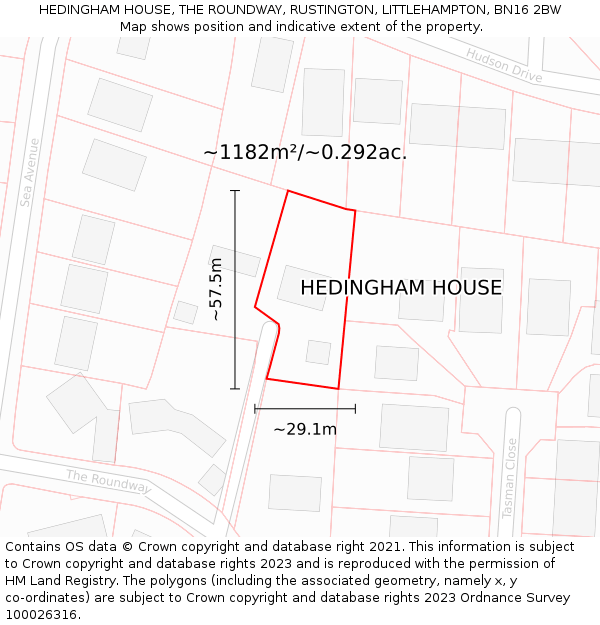 HEDINGHAM HOUSE, THE ROUNDWAY, RUSTINGTON, LITTLEHAMPTON, BN16 2BW: Plot and title map