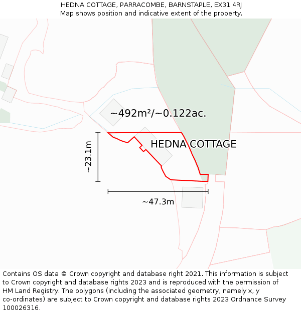 HEDNA COTTAGE, PARRACOMBE, BARNSTAPLE, EX31 4RJ: Plot and title map