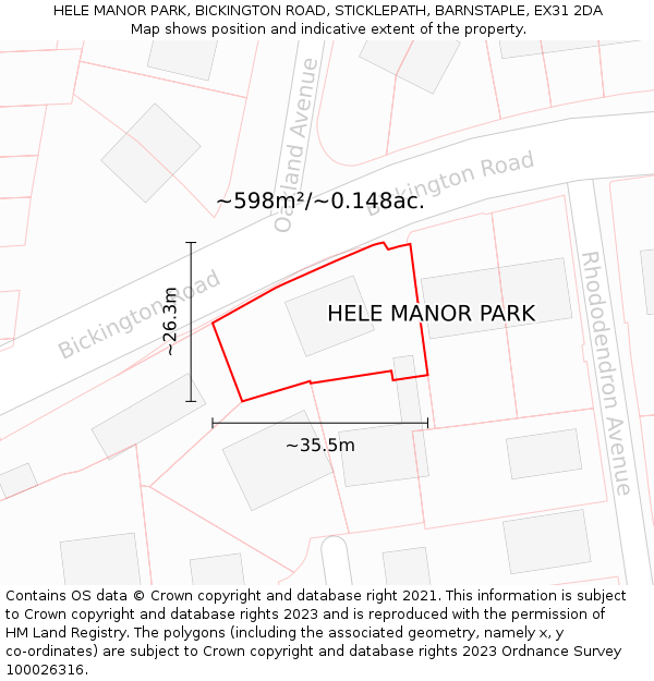 HELE MANOR PARK, BICKINGTON ROAD, STICKLEPATH, BARNSTAPLE, EX31 2DA: Plot and title map