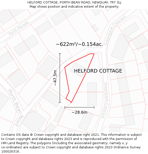 HELFORD COTTAGE, PORTH BEAN ROAD, NEWQUAY, TR7 3LJ: Plot and title map
