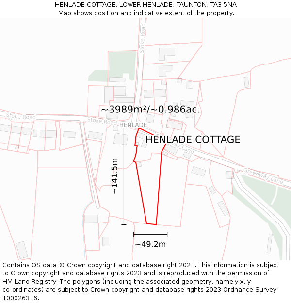 HENLADE COTTAGE, LOWER HENLADE, TAUNTON, TA3 5NA: Plot and title map