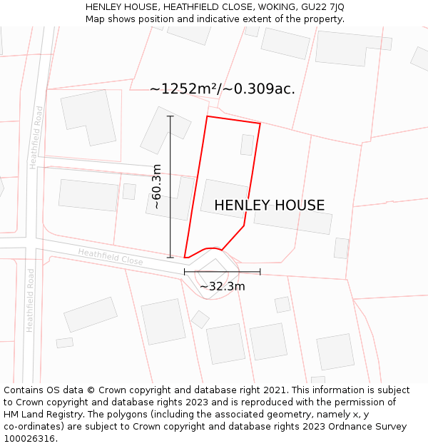 HENLEY HOUSE, HEATHFIELD CLOSE, WOKING, GU22 7JQ: Plot and title map