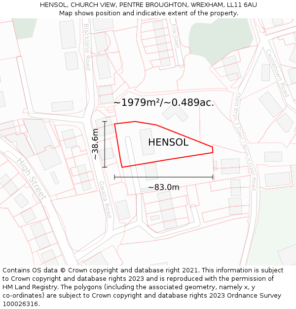 HENSOL, CHURCH VIEW, PENTRE BROUGHTON, WREXHAM, LL11 6AU: Plot and title map
