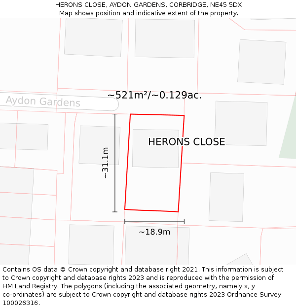 HERONS CLOSE, AYDON GARDENS, CORBRIDGE, NE45 5DX: Plot and title map
