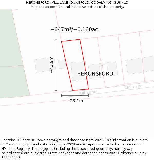 HERONSFORD, MILL LANE, DUNSFOLD, GODALMING, GU8 4LD: Plot and title map