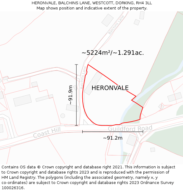 HERONVALE, BALCHINS LANE, WESTCOTT, DORKING, RH4 3LL: Plot and title map
