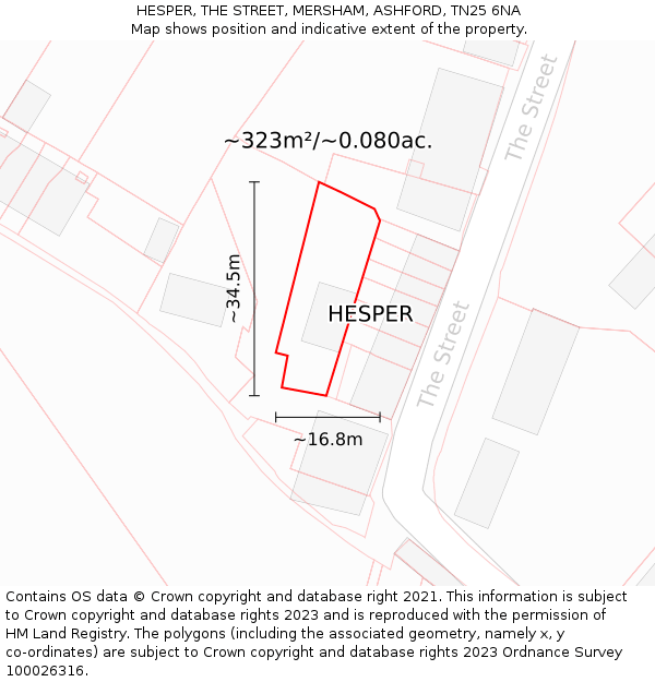 HESPER, THE STREET, MERSHAM, ASHFORD, TN25 6NA: Plot and title map