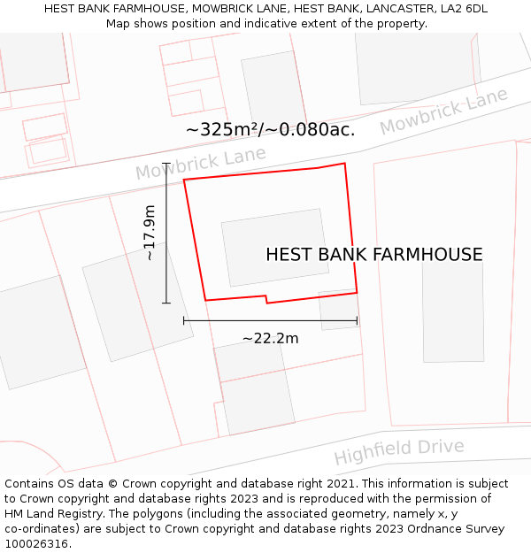 HEST BANK FARMHOUSE, MOWBRICK LANE, HEST BANK, LANCASTER, LA2 6DL: Plot and title map