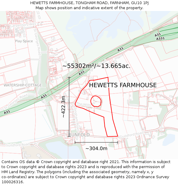HEWETTS FARMHOUSE, TONGHAM ROAD, FARNHAM, GU10 1PJ: Plot and title map