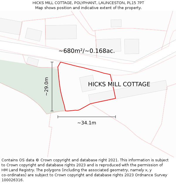 HICKS MILL COTTAGE, POLYPHANT, LAUNCESTON, PL15 7PT: Plot and title map