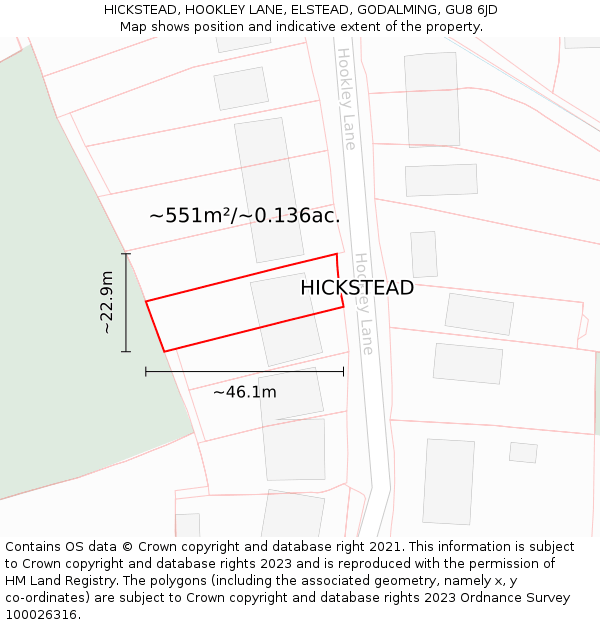 HICKSTEAD, HOOKLEY LANE, ELSTEAD, GODALMING, GU8 6JD: Plot and title map