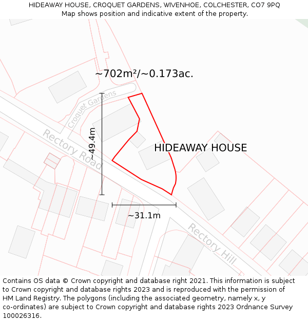 HIDEAWAY HOUSE, CROQUET GARDENS, WIVENHOE, COLCHESTER, CO7 9PQ: Plot and title map