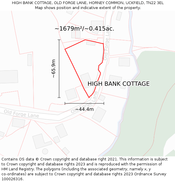 HIGH BANK COTTAGE, OLD FORGE LANE, HORNEY COMMON, UCKFIELD, TN22 3EL: Plot and title map