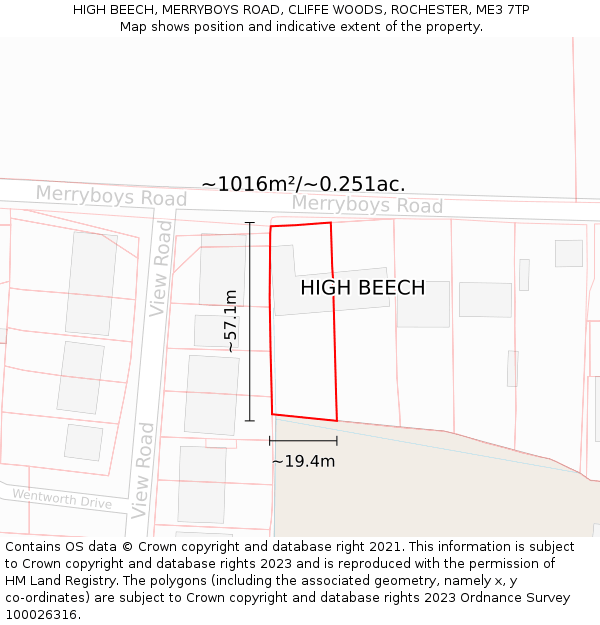 HIGH BEECH, MERRYBOYS ROAD, CLIFFE WOODS, ROCHESTER, ME3 7TP: Plot and title map