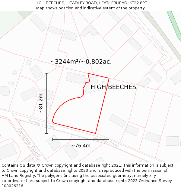 HIGH BEECHES, HEADLEY ROAD, LEATHERHEAD, KT22 8PT: Plot and title map