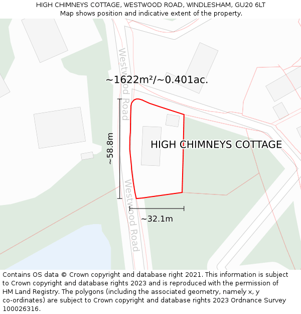 HIGH CHIMNEYS COTTAGE, WESTWOOD ROAD, WINDLESHAM, GU20 6LT: Plot and title map