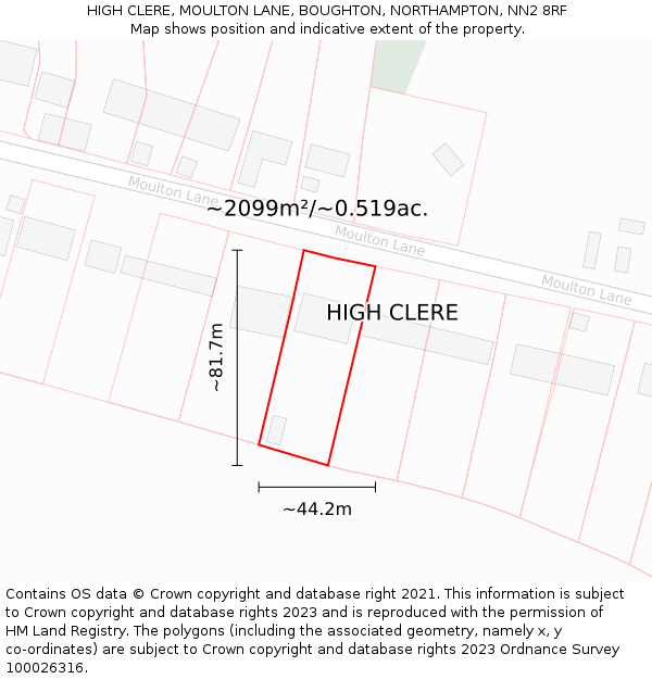 HIGH CLERE, MOULTON LANE, BOUGHTON, NORTHAMPTON, NN2 8RF: Plot and title map